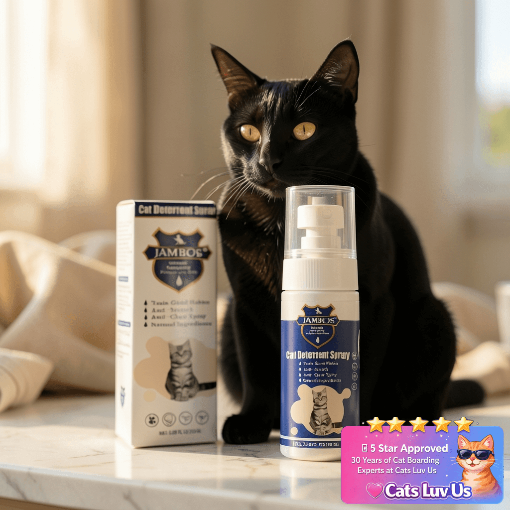 JAMBOS 2 Bottles Cat Deterrent Spray – Natural with cat - professional product lifestyle photo