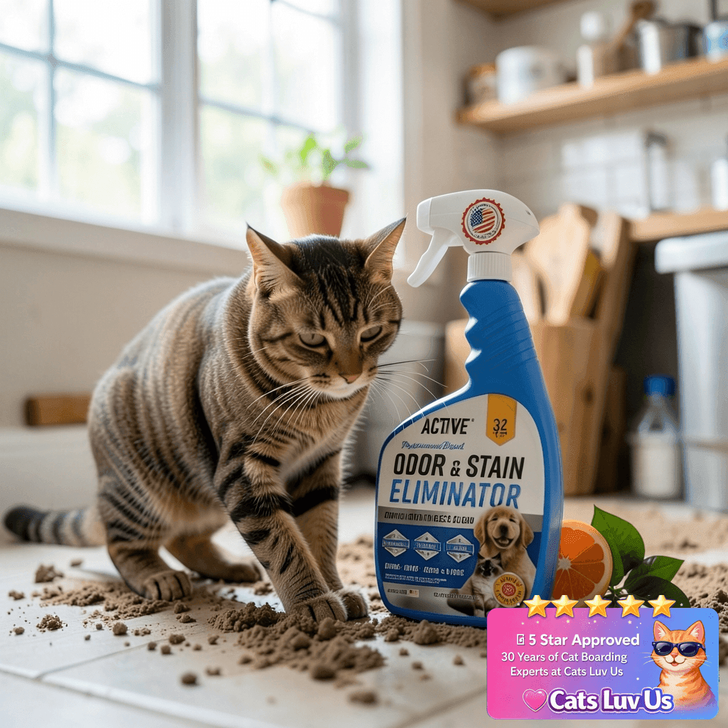 Pet Odor and Stain Eliminator - 32 oz ACTIVE Enzyme Cleaner with cat - professional product lifestyle photo