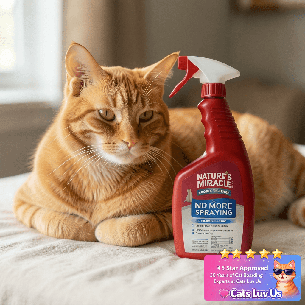 Nature's Miracle Advanced Platinum No More Spraying with cat - professional product lifestyle photo