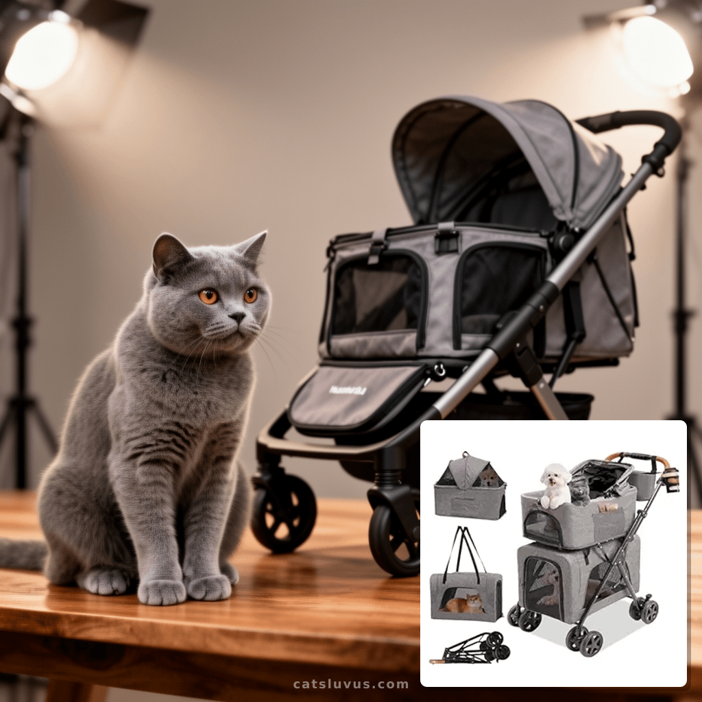 Double Pet Stroller with Detachable Carriers with cat - professional product lifestyle photo