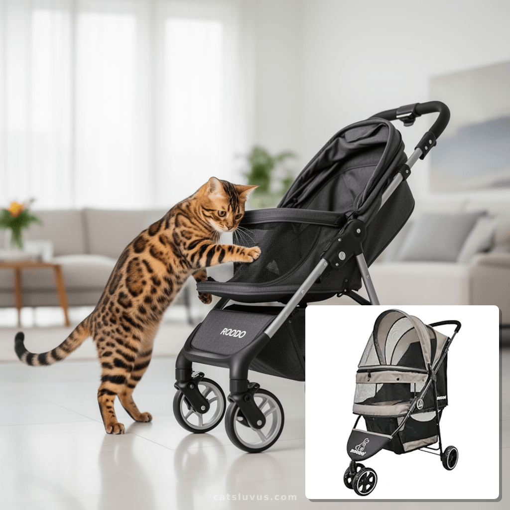 ROODO Escort 3 Wheel Dog Cat Pet Stroller for Small/Medium D with cat - professional product lifestyle photo