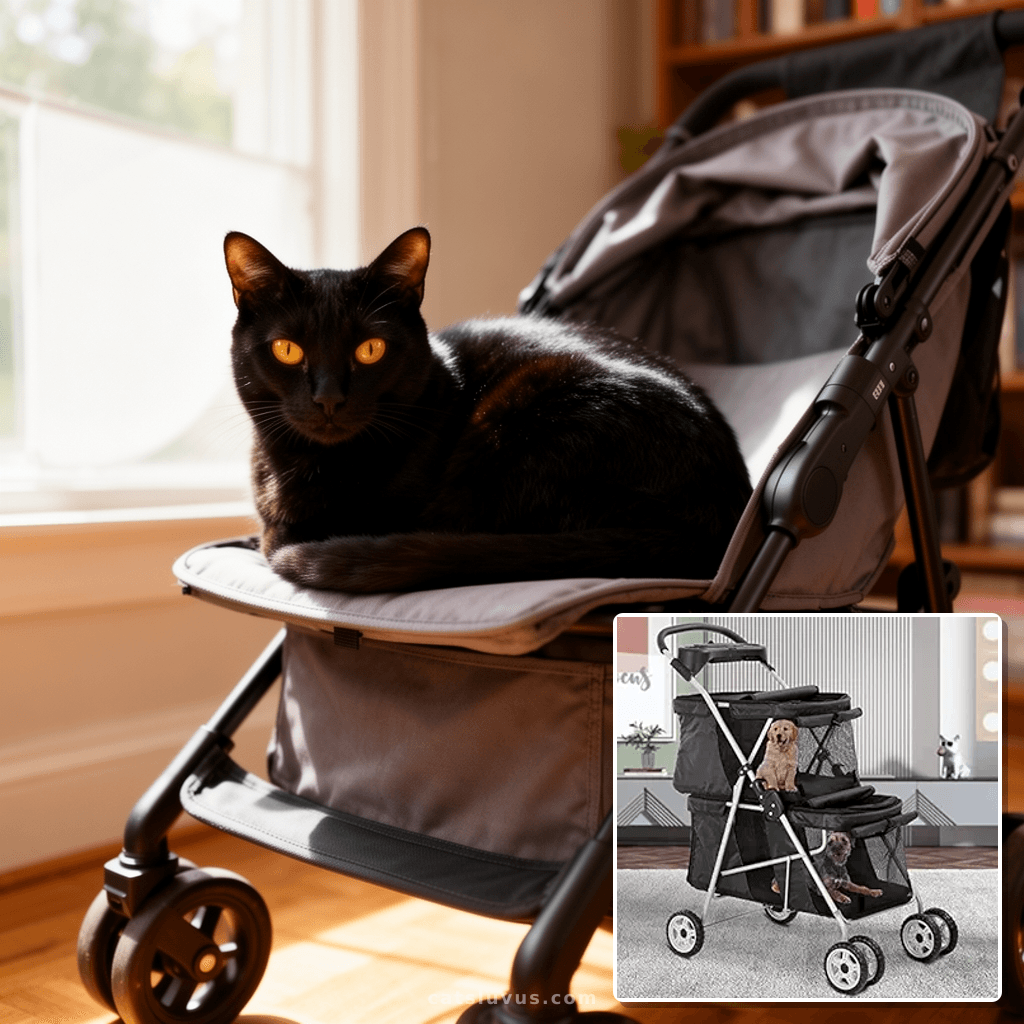Dog Stroller 4 Wheels Cat Strollers Double Layer Pet Strolle with cat - professional product lifestyle photo