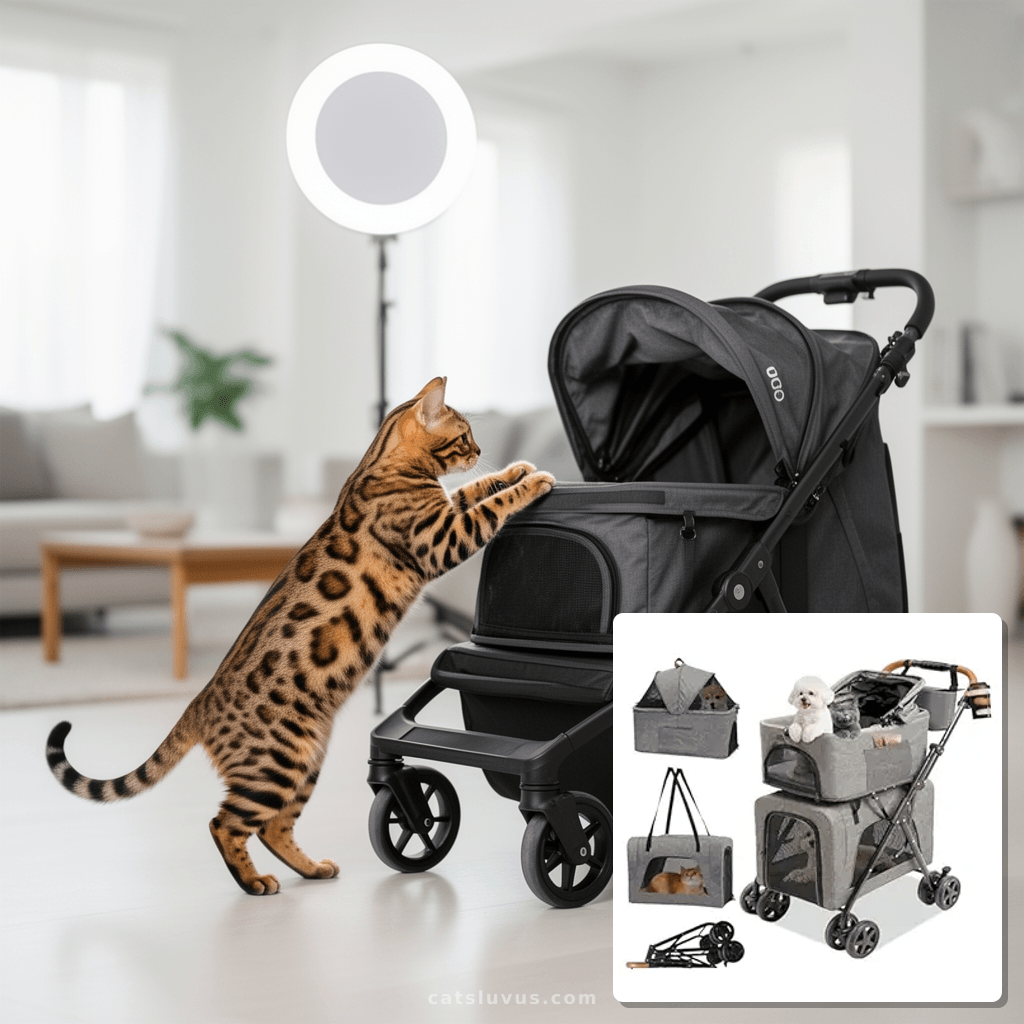 Double Pet Stroller with Detachable Carriers with cat - professional product lifestyle photo