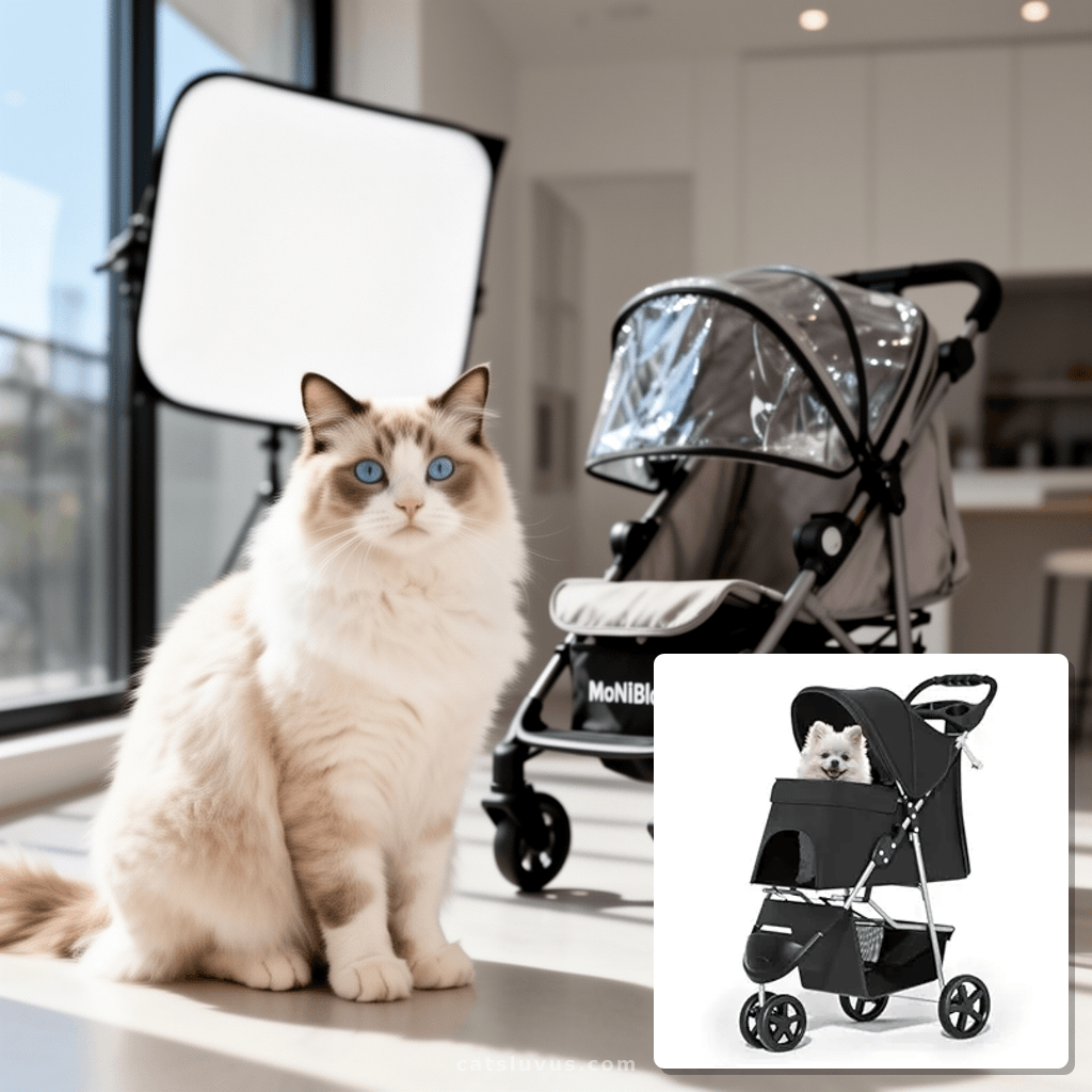 MoNiBloom Foldable Pet Stroller with Weather Cover with cat - professional product lifestyle photo