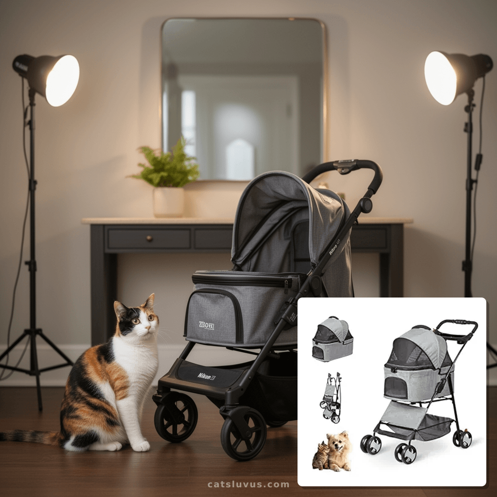 Pet Stroller 4 Wheels Dog Cat Stroller for Small Medium Dog  with cat - professional product lifestyle photo