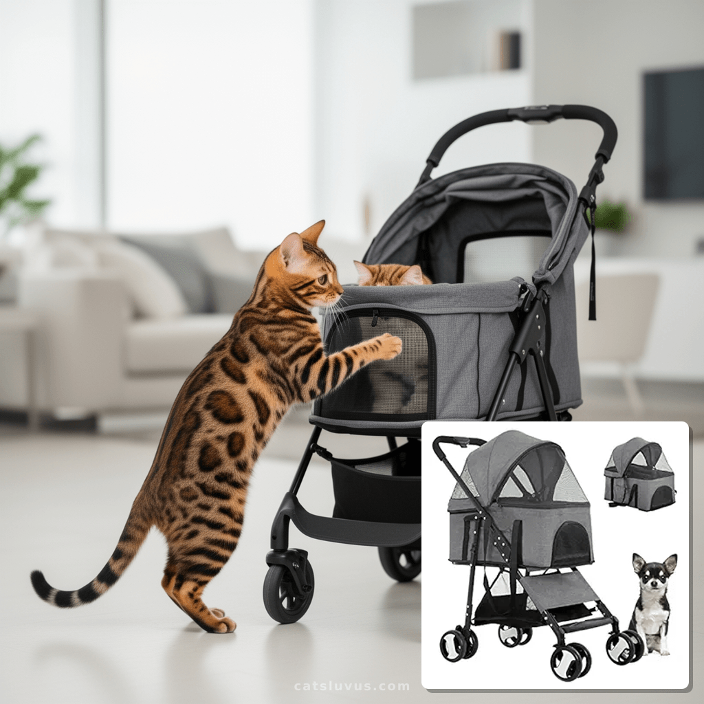 BestPet Pet Stroller Premium 3-in-1 Multifunction Dog Cat Jo with cat - professional product lifestyle photo