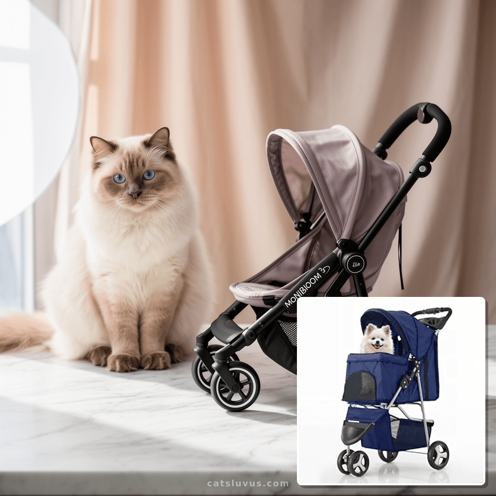 MoNiBloom 3 Wheels Pet Stroller with cat - professional product lifestyle photo