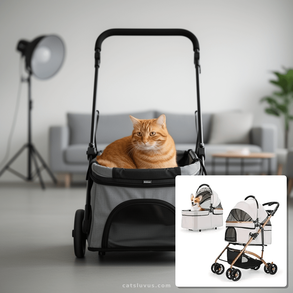 3-in-1 Foldable Pet Stroller for Medium Dogs & Cats up to 50 with cat - professional product lifestyle photo