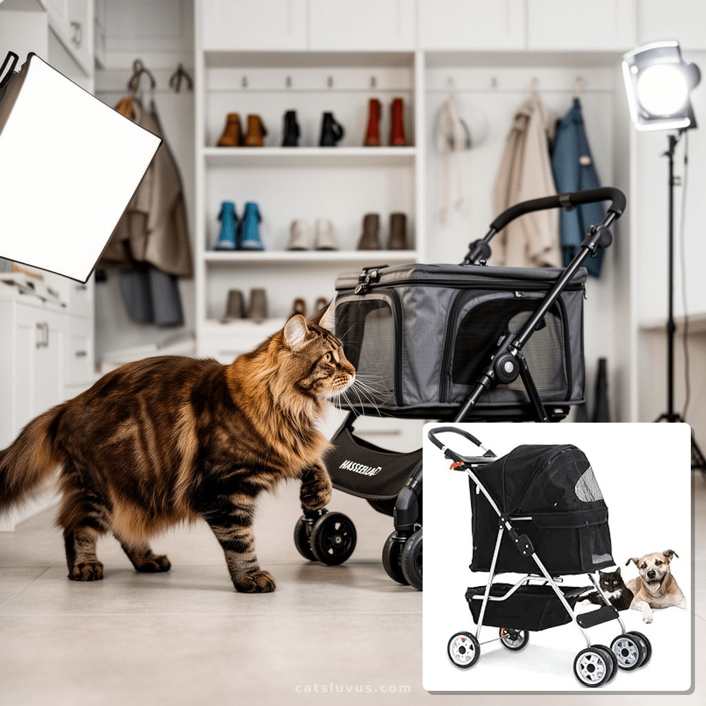 4 Wheel Pet Stroller Cat Dog Cage Stroller Travel Folding Ca with cat - professional product lifestyle photo