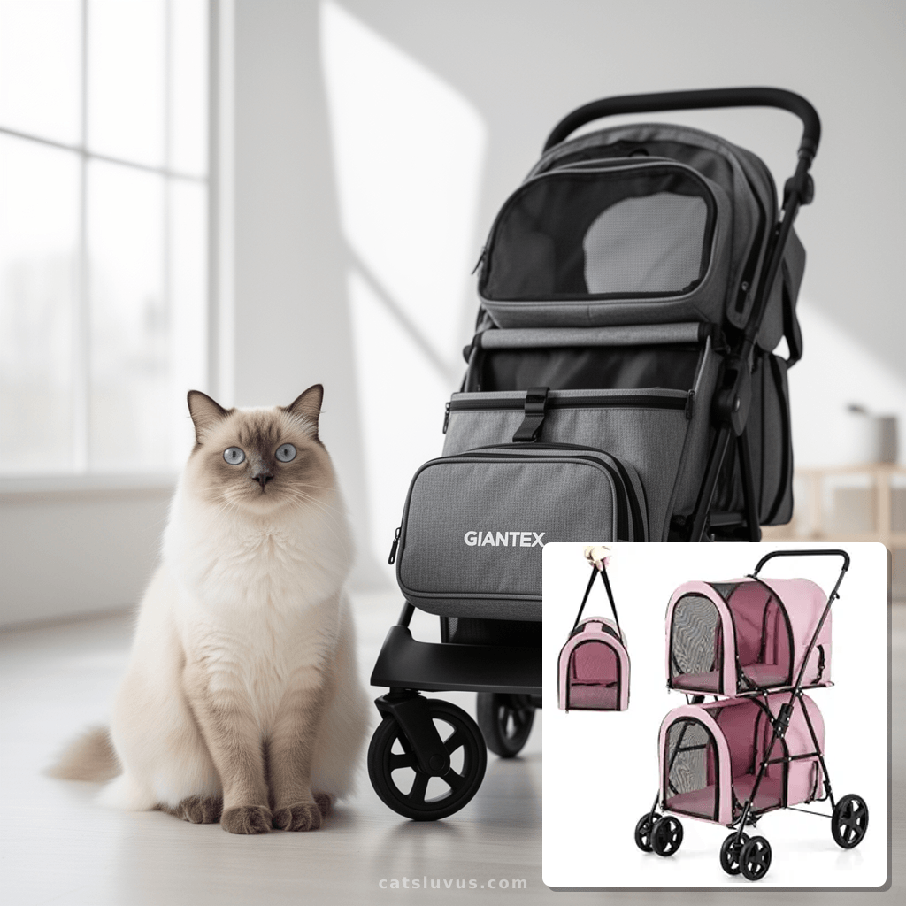 Giantex Double Pet Stroller with 2 Detachable Carrier Bags with cat - professional product lifestyle photo
