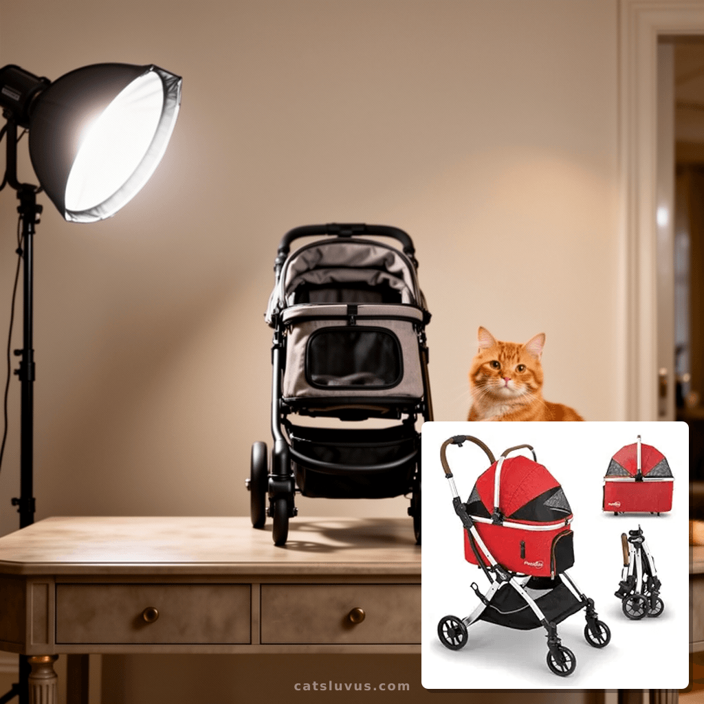 Luxury Pet Stroller with Detachable Carrier | Lightweight De with cat - professional product lifestyle photo