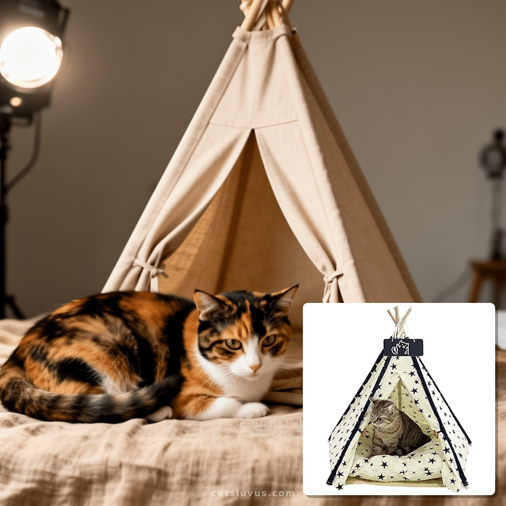 Pet Tent/Tipi for Cats & Dogs - Washable Canvas with cat - professional product lifestyle photo
