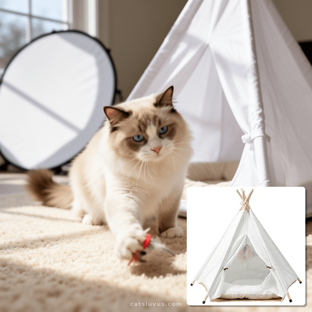 The Cat Ladies Cat Teepee - White Small Dog Tent Bed with a with cat - professional product lifestyle photo