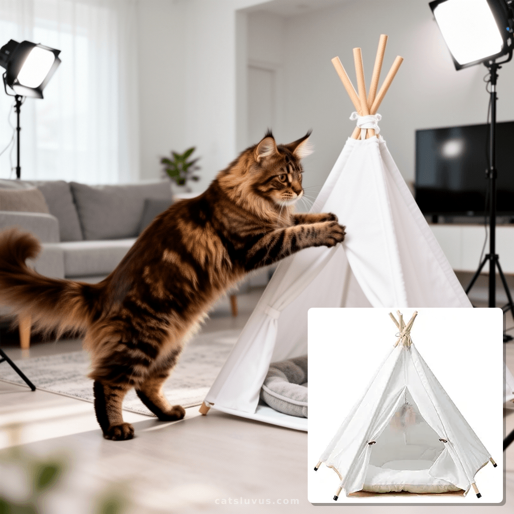The Cat Ladies Cat Teepee - White Small Dog Tent Bed with a with cat - professional product lifestyle photo