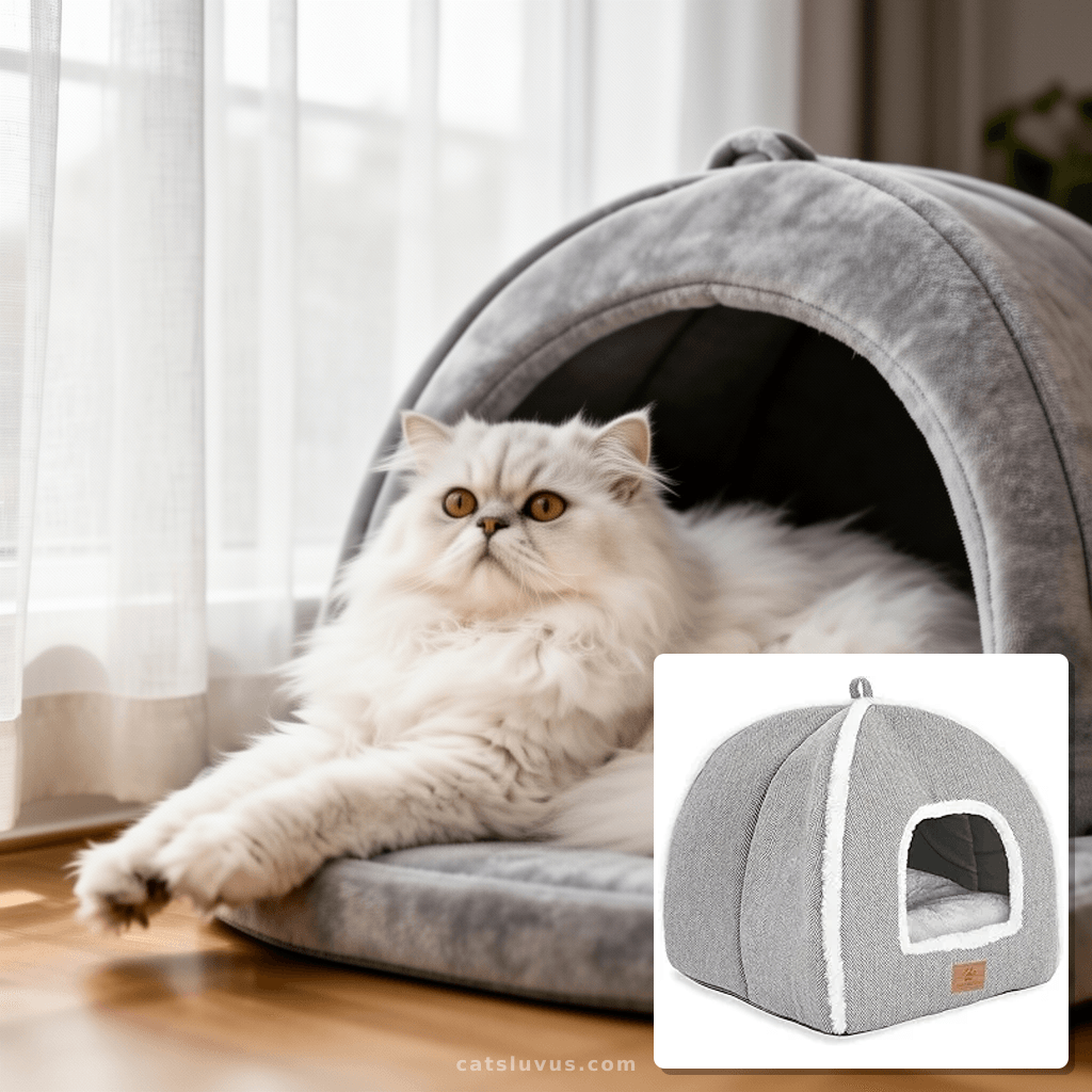 Cat Beds for Indoor Cats-Cat Bed Cave House Tent for Kittens with cat - professional product lifestyle photo