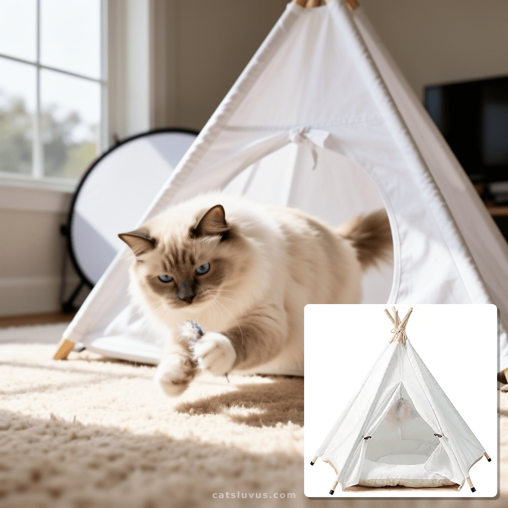 The Cat Ladies Cat Teepee - White Small Dog Tent Bed with a with cat - professional product lifestyle photo