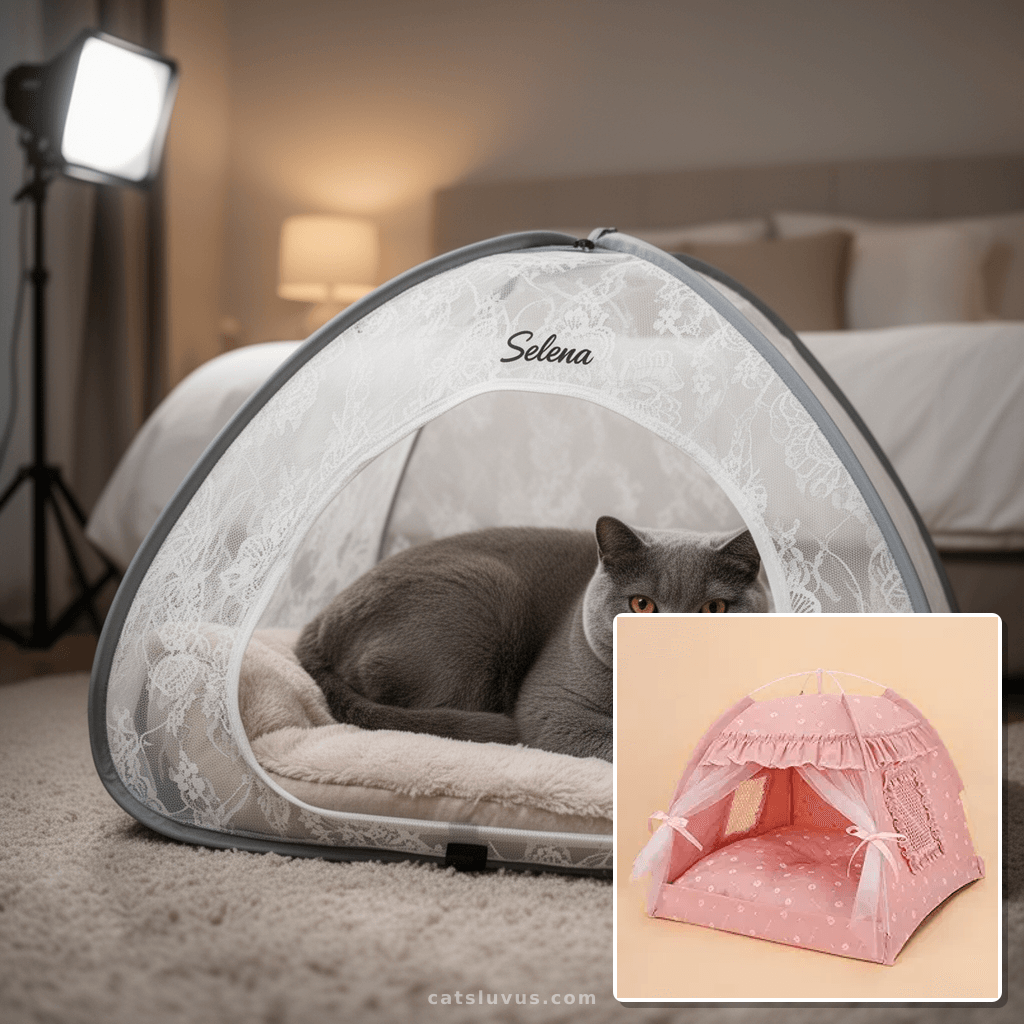 Selena Cat Bed Tents Dog House Indoor Outdoor Lace Mesh with cat - professional product lifestyle photo