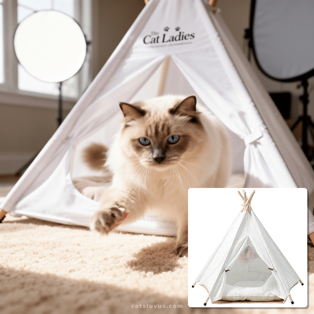 The Cat Ladies Cat Teepee - White Small Dog Tent Bed with a with cat - professional product lifestyle photo