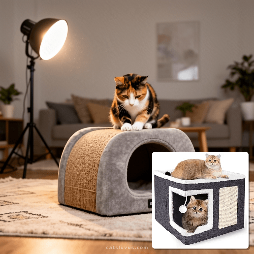 Cat Houses for Indoor Cats - Large Cat Bed Cave with Scratch with cat - professional product lifestyle photo
