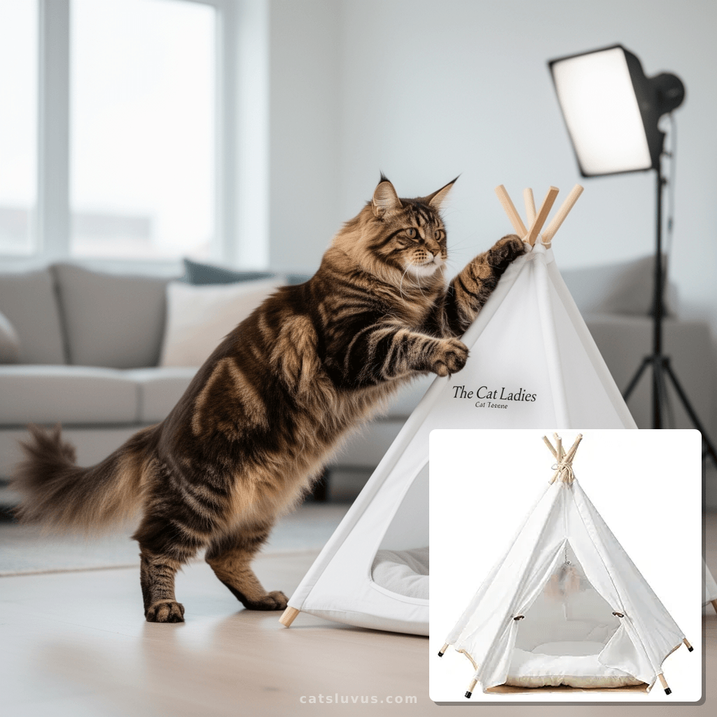 The Cat Ladies Cat Teepee - White Small Dog Tent Bed with a with cat - professional product lifestyle photo