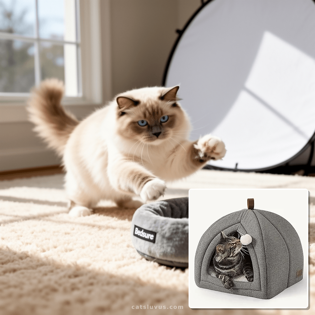 Bedsure Cat Beds for Indoor - 2 in 1 Cat Cave House Tent for with cat - professional product lifestyle photo