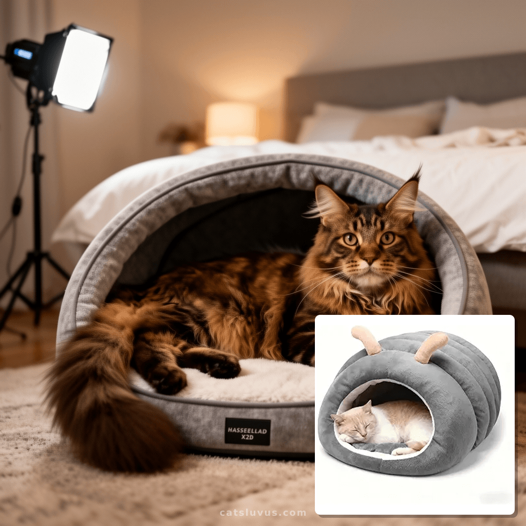Cat Bed Cave for Indoor Cats with cat - professional product lifestyle photo