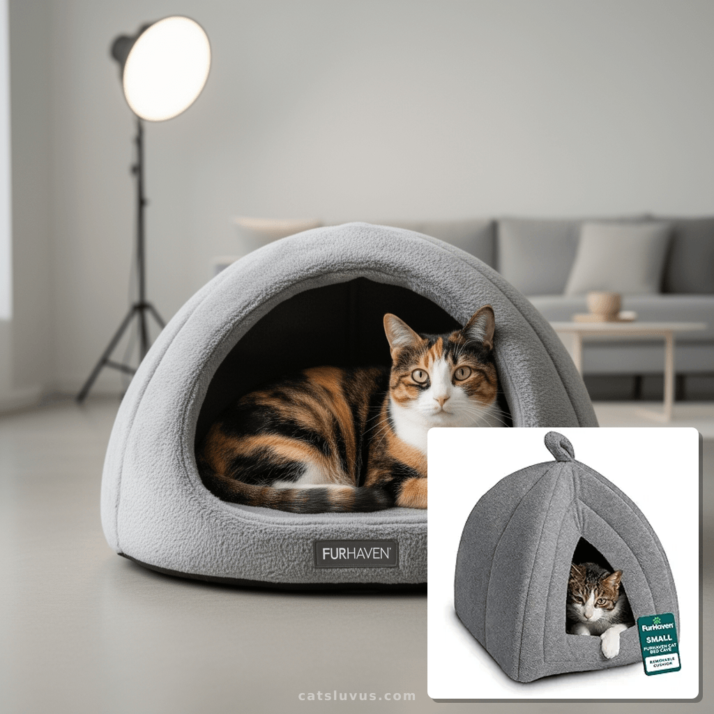 FurHaven Cat Bed Cave for Indoor Cats & Small Dogs with cat - professional product lifestyle photo