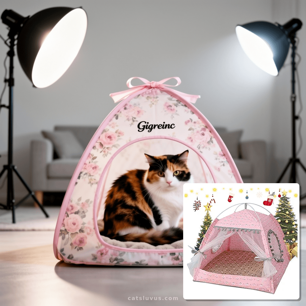 Gigreinc Cat Princess Indoor Tent House Pet Dog Cute Floral with cat - professional product lifestyle photo