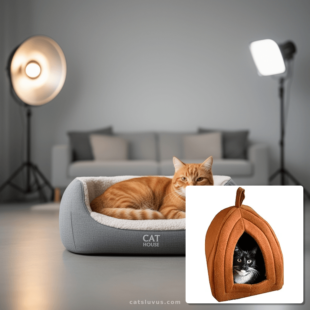 Cat House - Indoor Cat Bed with Removable Foam Cushion - Pet with cat - professional product lifestyle photo