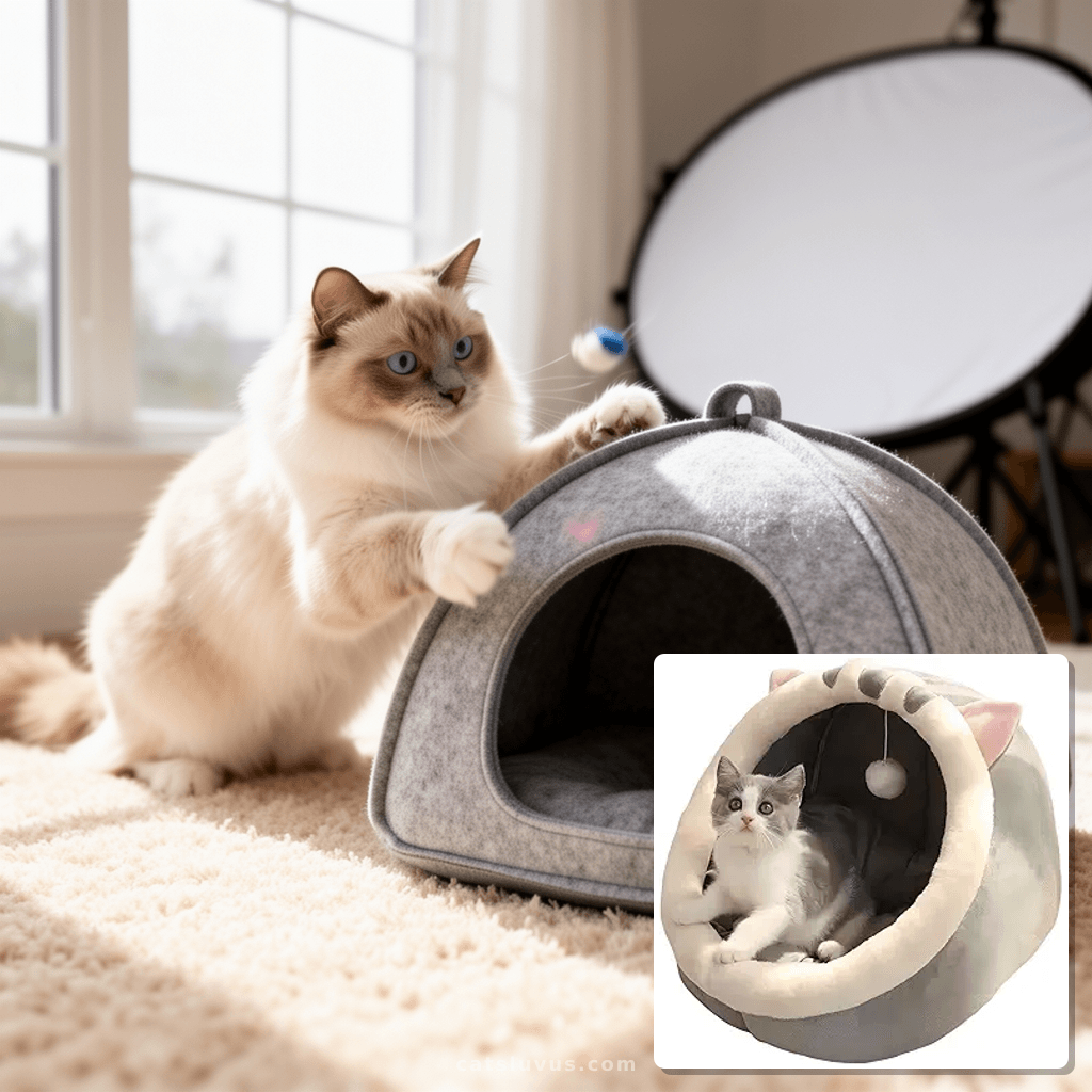 Cat Cave Bed House Tent Hideaway Pod for Indoor Cats - Felt with cat - professional product lifestyle photo