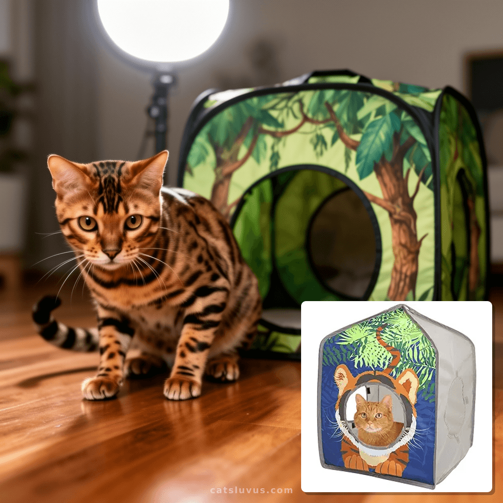 Kitty City Safari Jungle Tiger Pop-Up Cat House with cat - professional product lifestyle photo