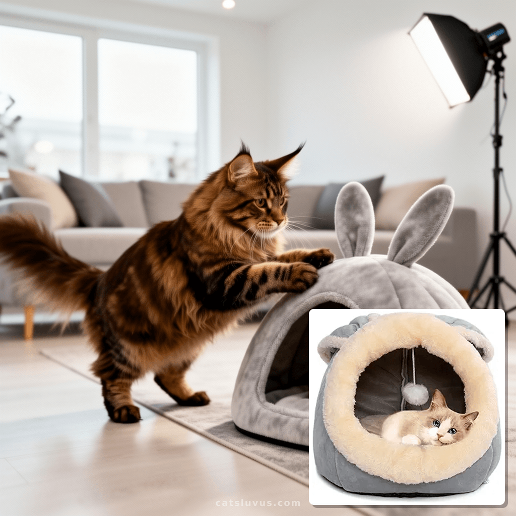 Cat Beds for Indoor Cats - Rabbit-Shaped Cat Cave Bed with with cat - professional product lifestyle photo