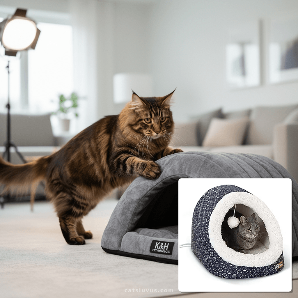 K&H Pet Products Thermo-Pet Cave Heated Cat Bed for Large with cat - professional product lifestyle photo