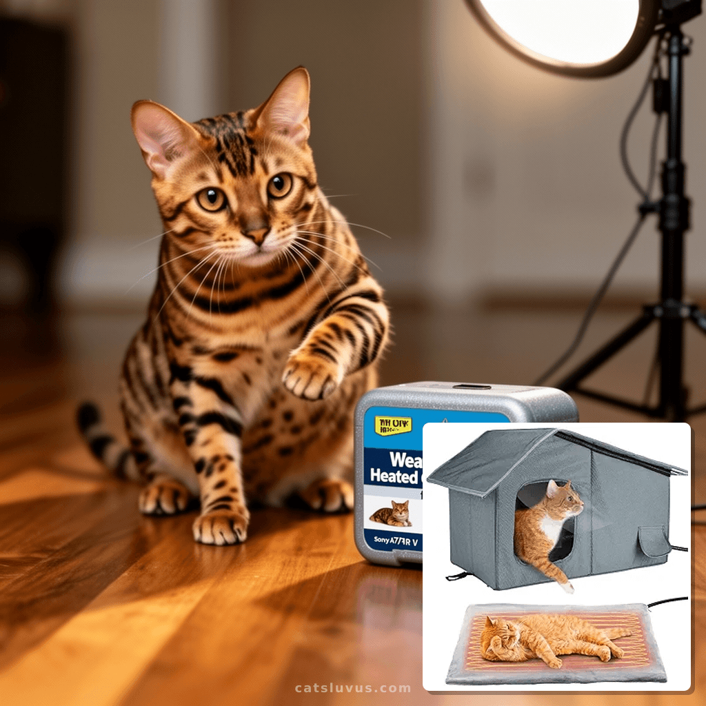 Weatherproof Heated Cat Houses for Outdoor Cats - Insulated with cat - professional product lifestyle photo