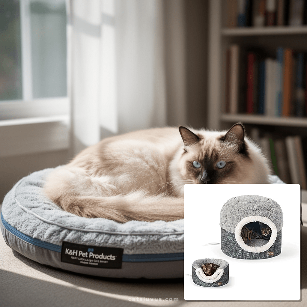 K&H Pet Products Heated Cat Bed for Large Cats Indoor with cat - professional product lifestyle photo