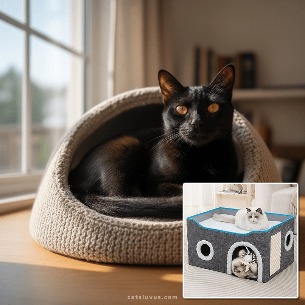 Cat Houses for Indoor Cats - Large Cat Bed Cave with Scratch with cat - professional product lifestyle photo
