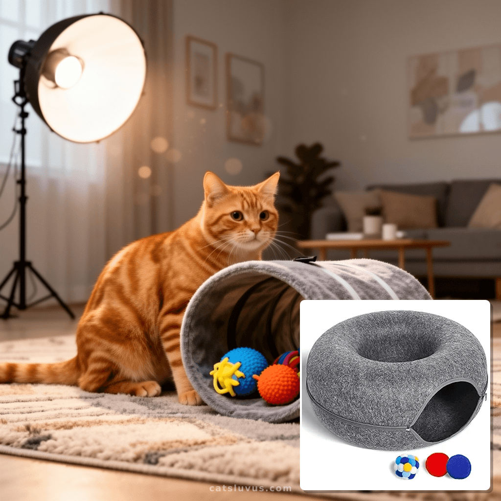 Large Cat Tunnel Bed for Indoor Cats with 3 Toys with cat - professional product lifestyle photo
