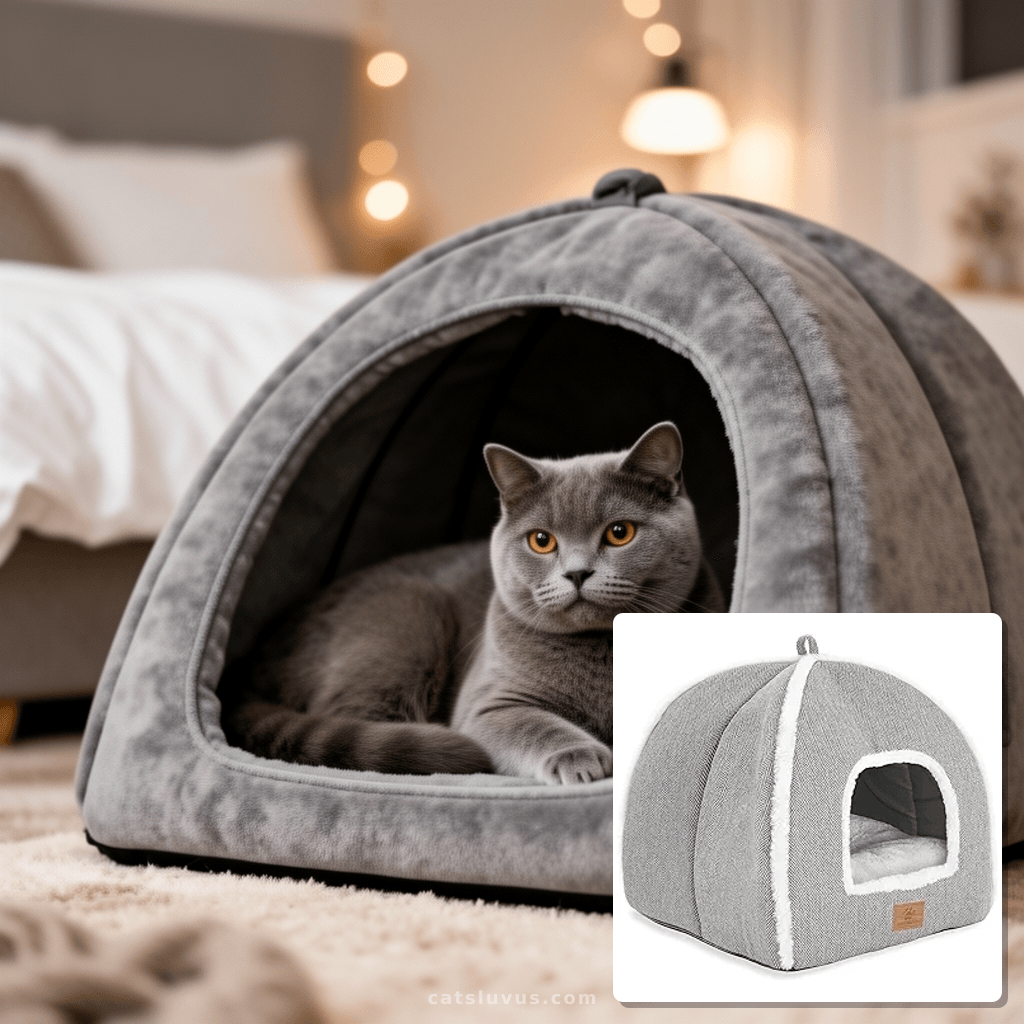 Cat Beds for Indoor Cats-Cat Bed Cave House Tent for Kittens with cat - professional product lifestyle photo