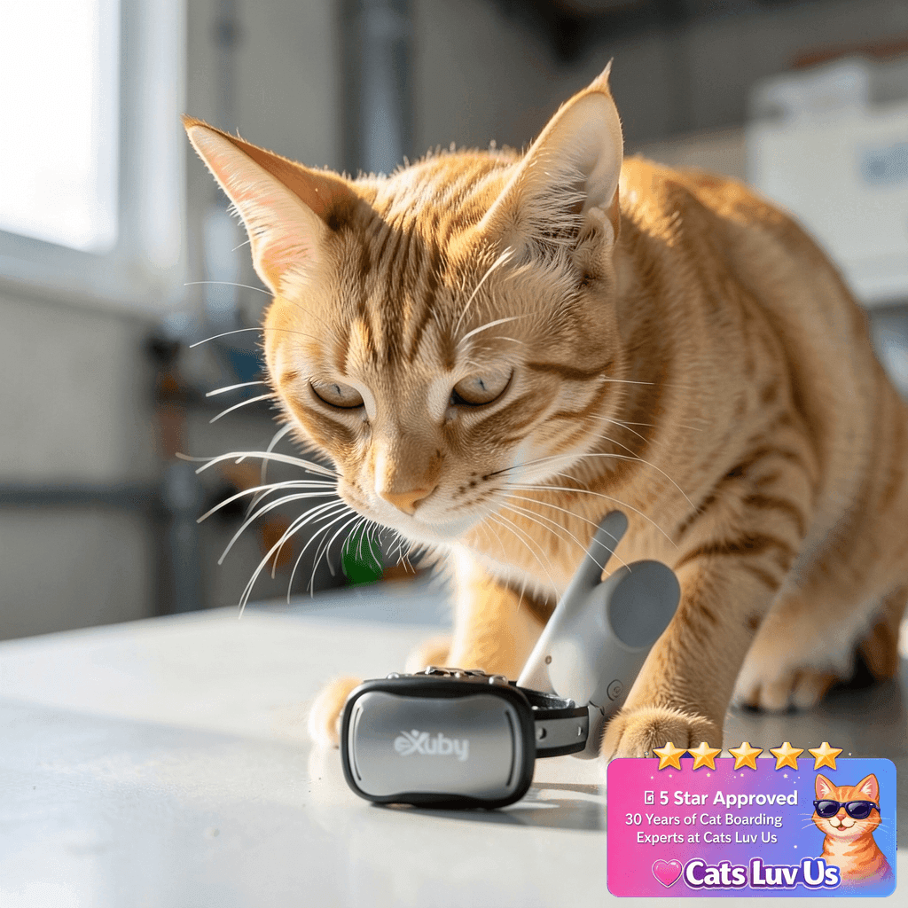eXuby – Small & Gentle Cat Training Collar w/Remote - with cat - professional product lifestyle photo