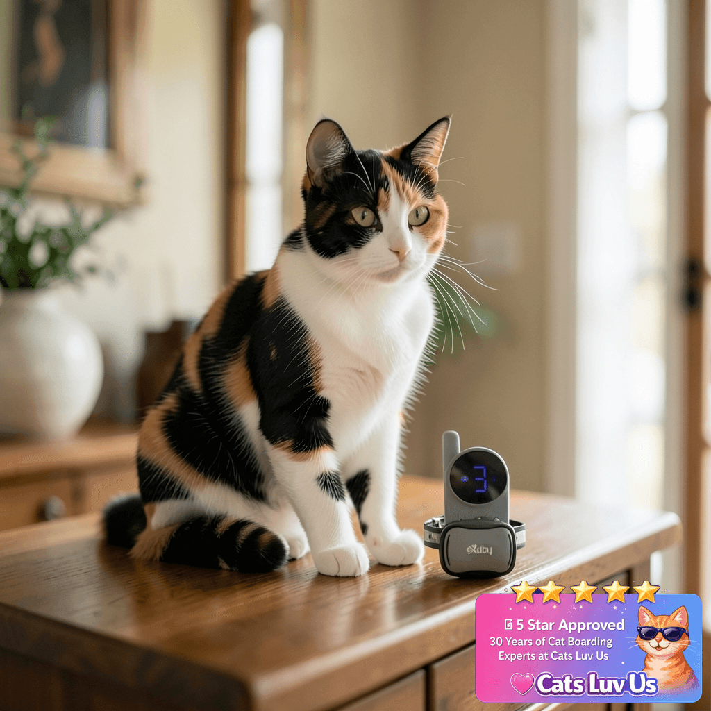 eXuby – Small & Gentle Cat Training Collar w/Remote - with cat - professional product lifestyle photo