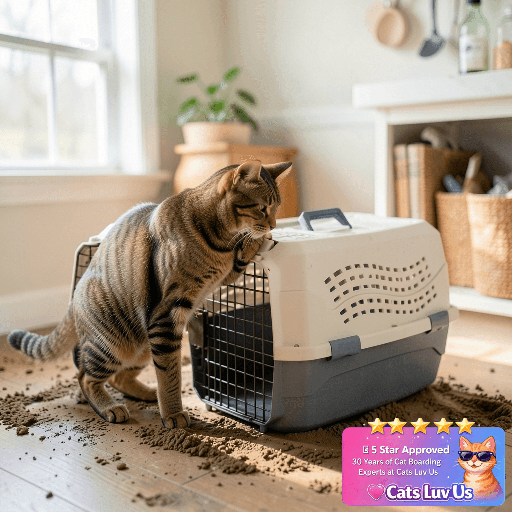 Amazon Basics Sturdy Portable 2-Door Top-Load Hard-Sided Pet with cat - professional product lifestyle photo