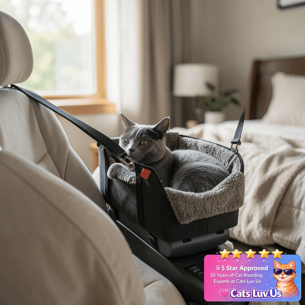 BurgeonNest Center Console Small Dog Car Seat - Portable Pet with cat - professional product lifestyle photo