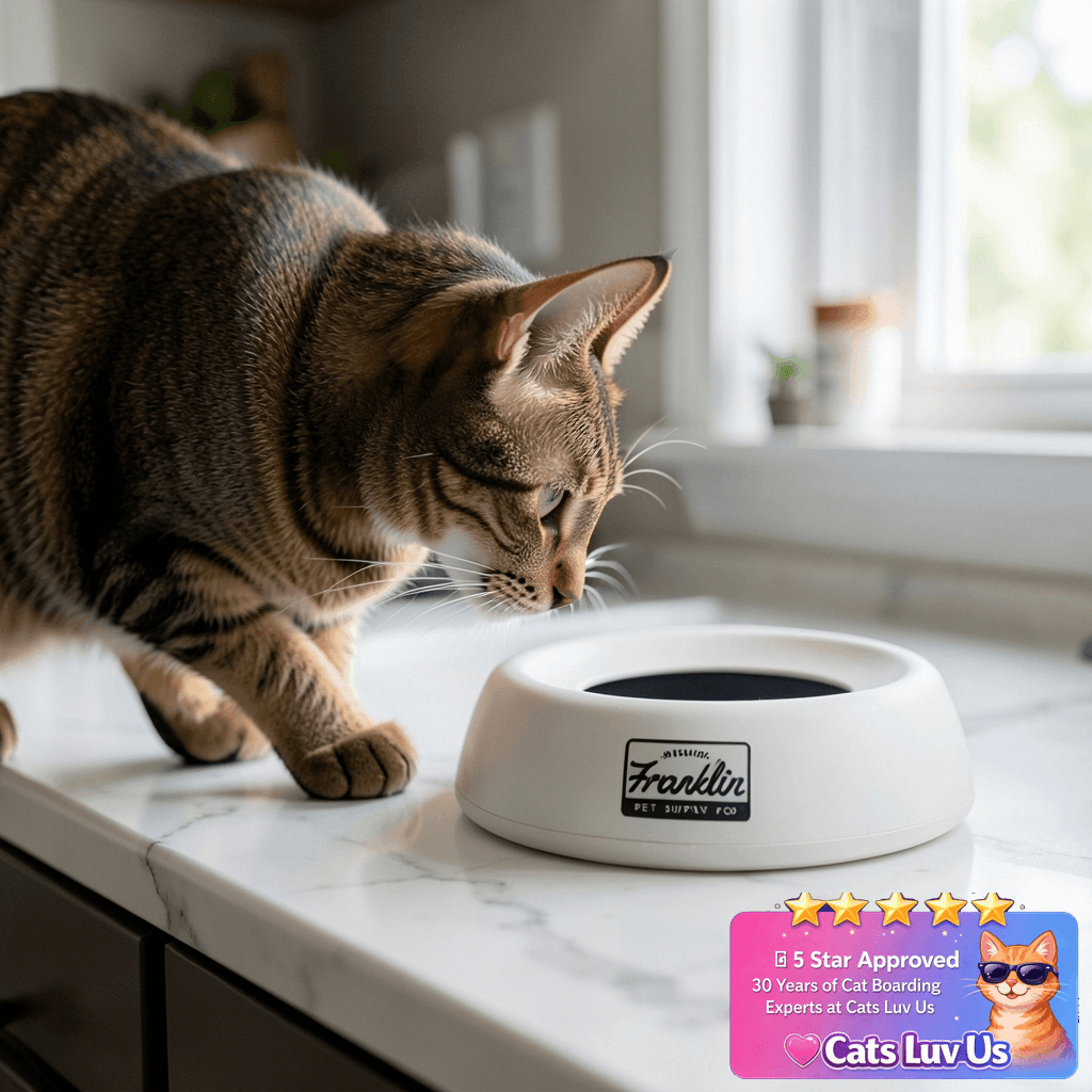 Franklin Pet Supply Co. Spill Proof Pet Bowl - No Splash with cat - professional product lifestyle photo