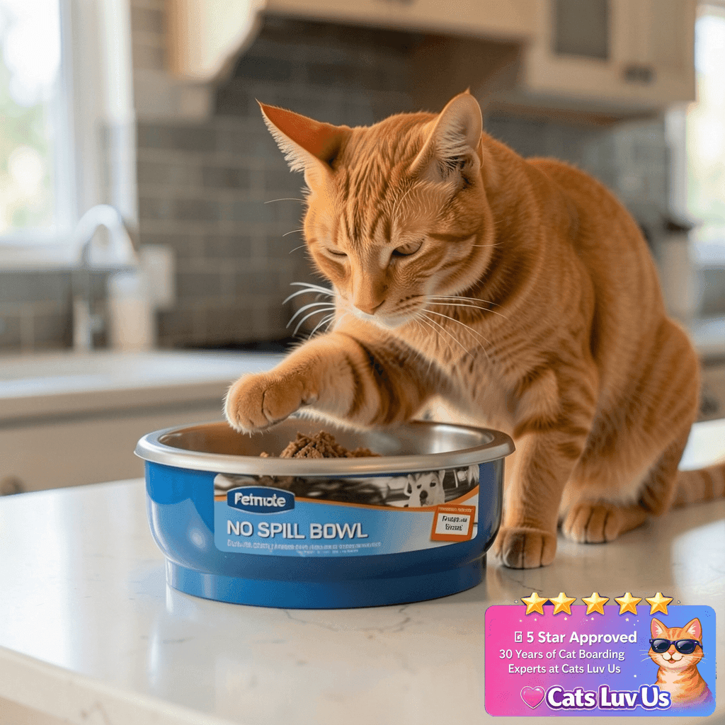 Petmate No Spill Bowl with cat - professional product lifestyle photo