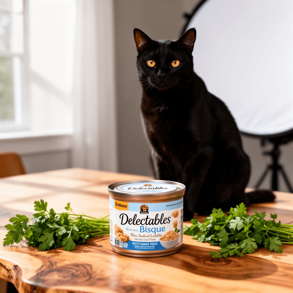 Delectables Bisque Non-Seafood Lickable Wet Cat Treats with cat - professional product lifestyle photo