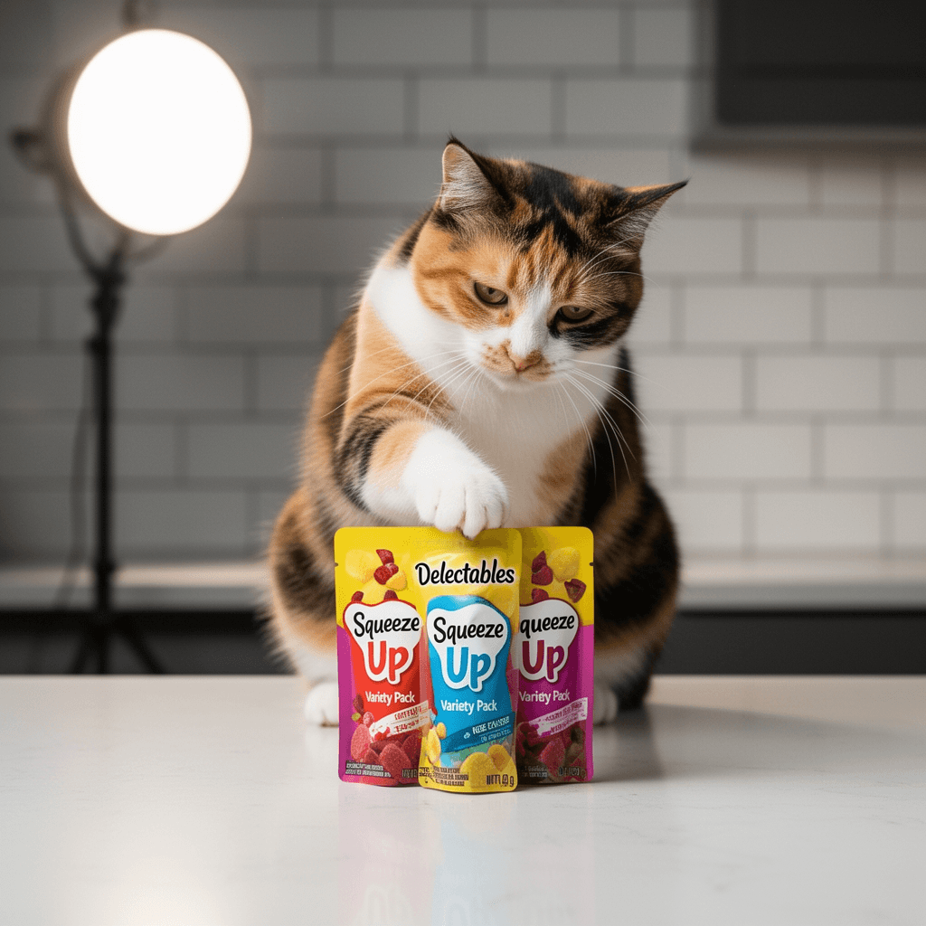 Delectables Squeeze Up Variety Pack with cat - professional product lifestyle photo
