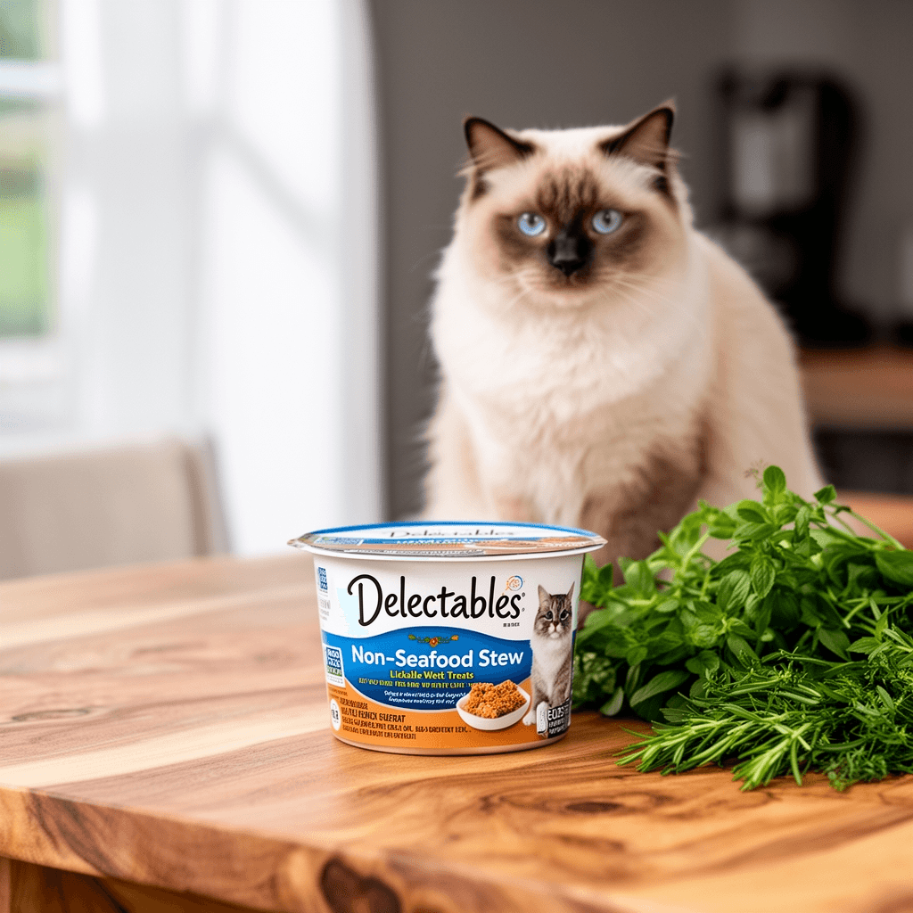 Delectables Non-Seafood Stew Lickable Wet Cat Treats with cat - professional product lifestyle photo