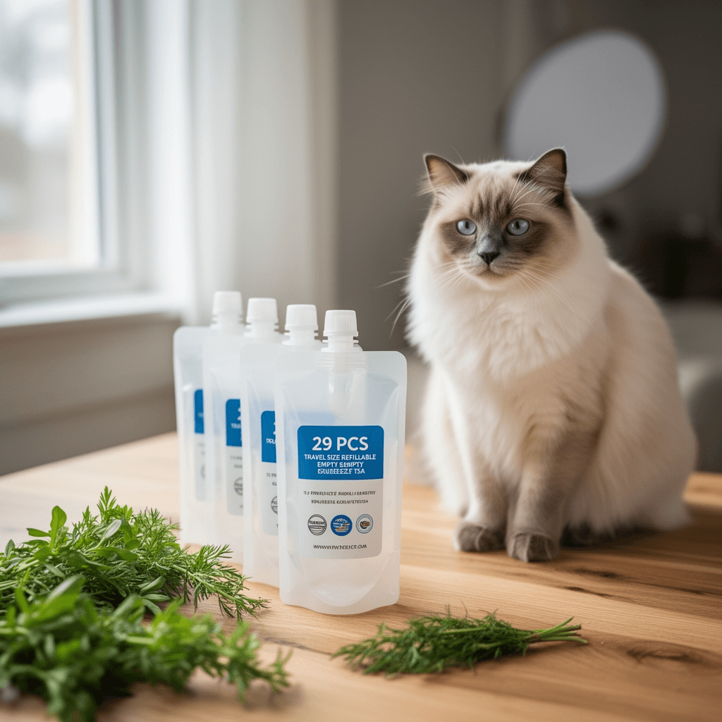 29 PCS Travel Size Refillable Empty Squeeze Pouch TSA with cat - professional product lifestyle photo