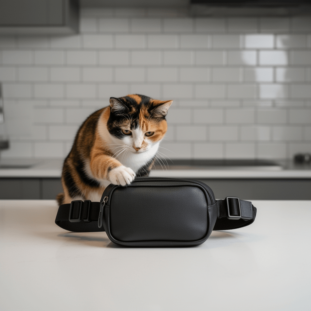 Unisex mini belt bag crossbody bag with adjustable straps with cat - professional product lifestyle photo