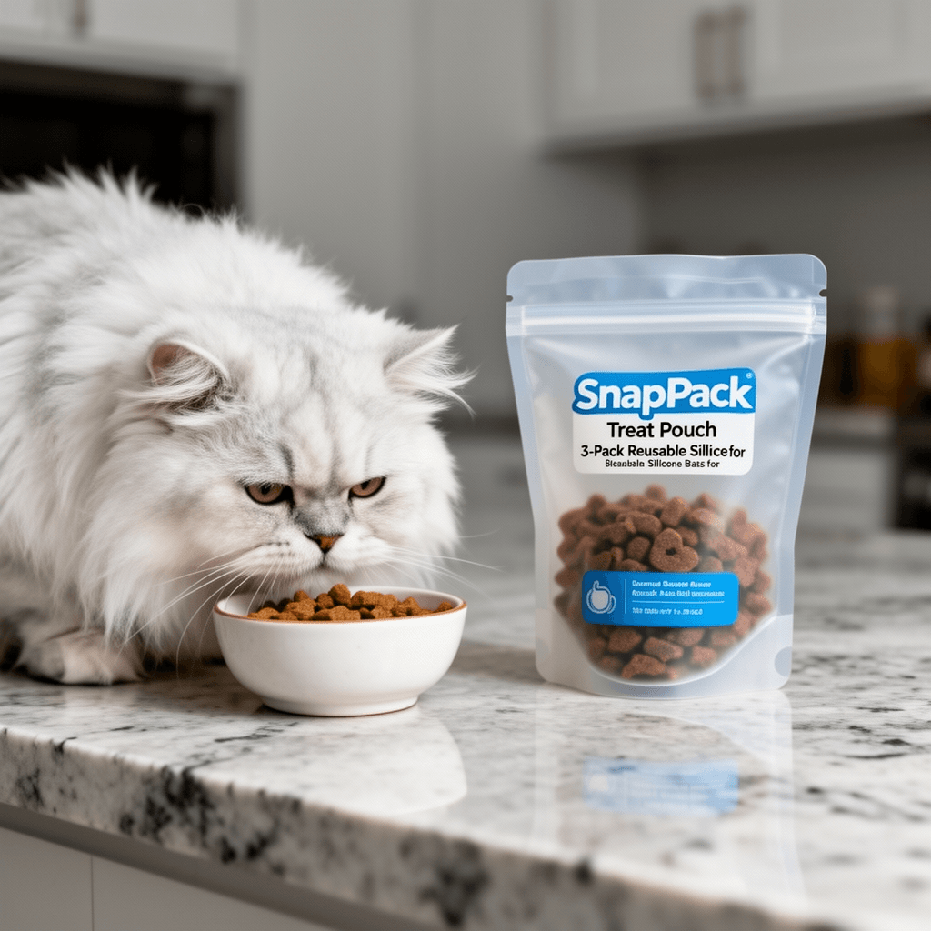 SnapPack Treat Pouch – 3-Pack Reusable Silicone Bags for with cat - professional product lifestyle photo